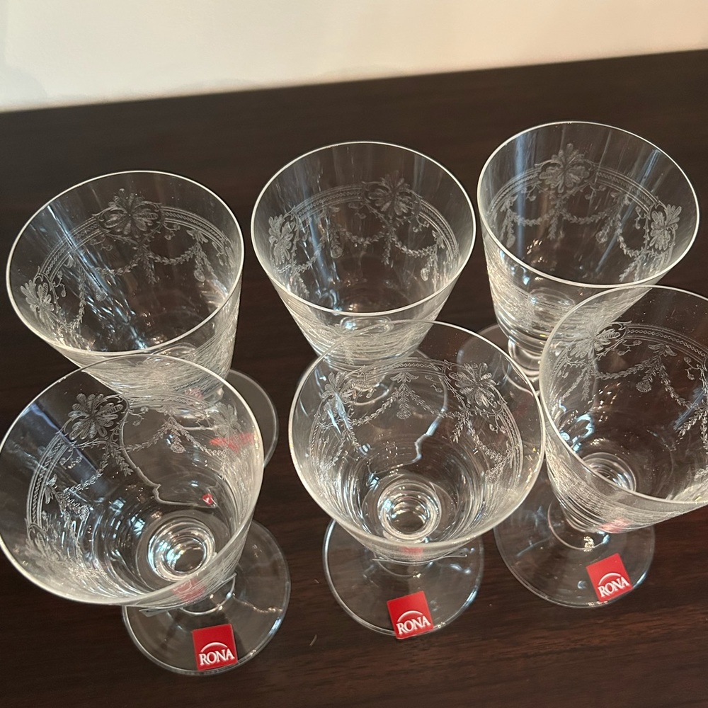 RONA crystal etched Wine Goblets Set. Rare find